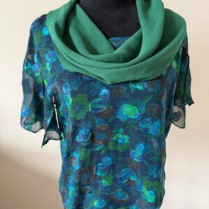Green Floral Sheer Blouse with Draped Cowl Neck